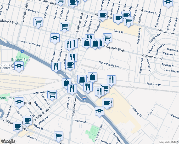 map of restaurants, bars, coffee shops, grocery stores, and more near 5469 Ferguson Drive in Commerce