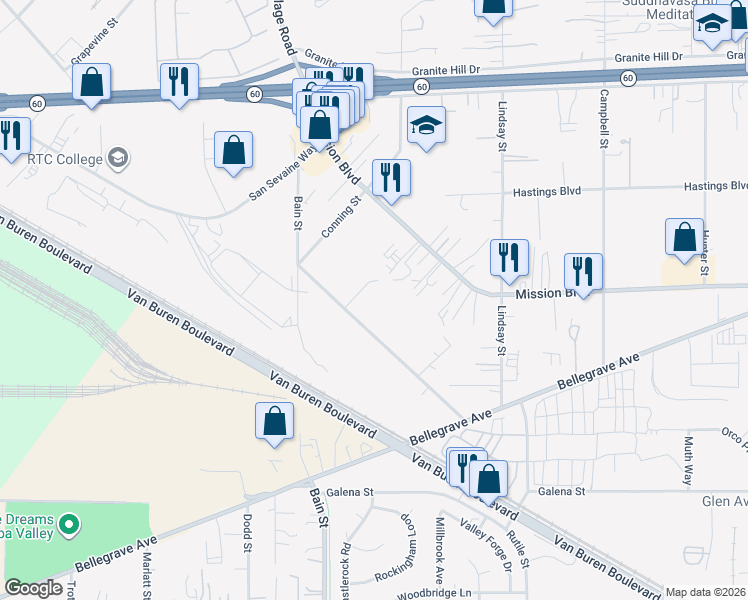 map of restaurants, bars, coffee shops, grocery stores, and more near 9931 Union Street in Riverside