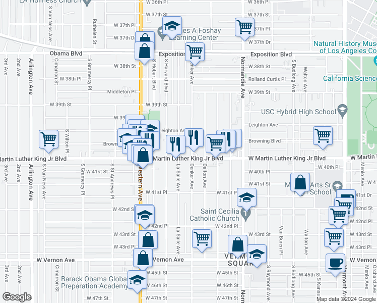 map of restaurants, bars, coffee shops, grocery stores, and more near 3989 1/2 Denker Avenue in Los Angeles