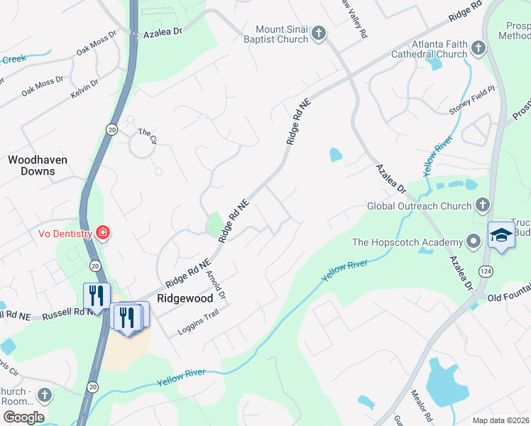 map of restaurants, bars, coffee shops, grocery stores, and more near 1538 Park Knoll Trail Northeast in Lawrenceville