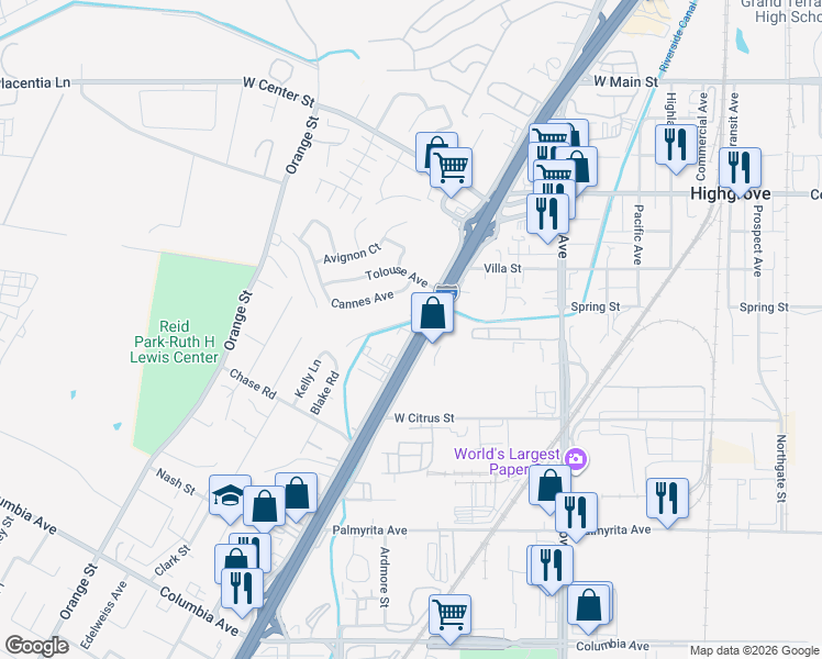 map of restaurants, bars, coffee shops, grocery stores, and more near 577 West La Cadena Drive in Riverside