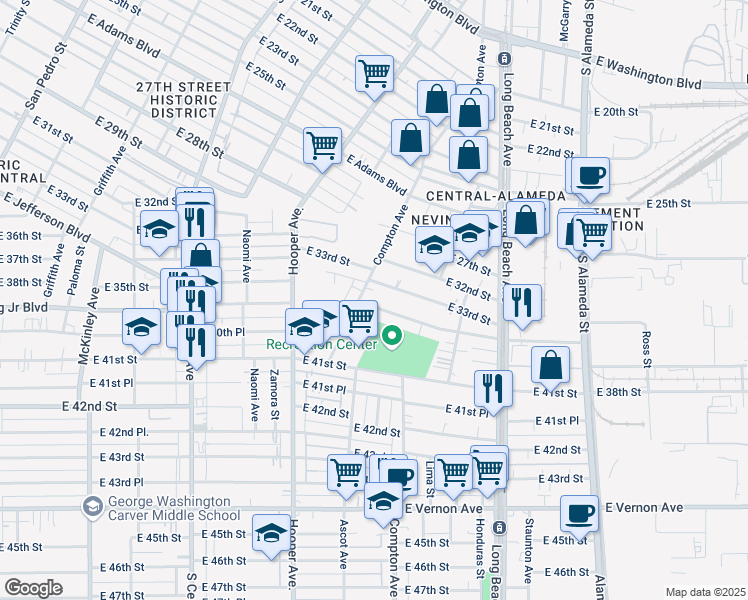 map of restaurants, bars, coffee shops, grocery stores, and more near 1515 East Martin Luther King Junior Boulevard in Los Angeles