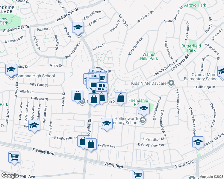 map of restaurants, bars, coffee shops, grocery stores, and more near 3616 Whittlers Place in West Covina