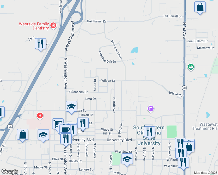 map of restaurants, bars, coffee shops, grocery stores, and more near 2014 4 Seasons Drive in Durant
