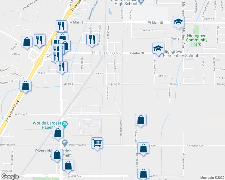 map of restaurants, bars, coffee shops, grocery stores, and more near 535 Prospect Avenue in Riverside