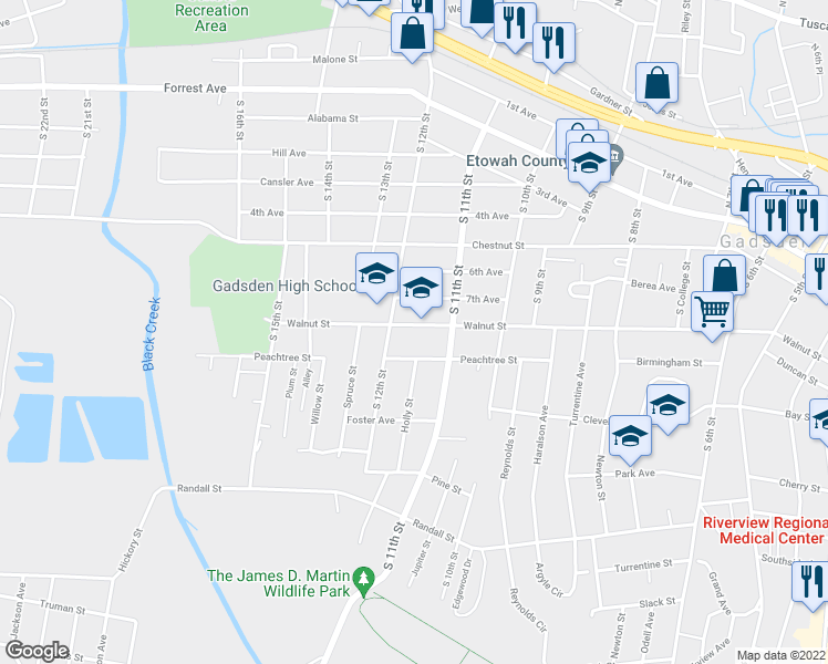map of restaurants, bars, coffee shops, grocery stores, and more near 1130 Walnut Street in Gadsden