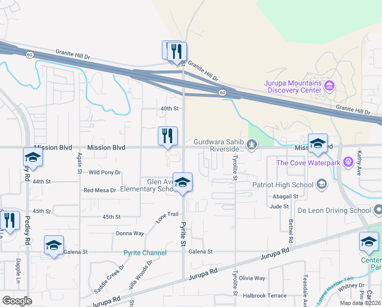 map of restaurants, bars, coffee shops, grocery stores, and more near 8178 Mission Boulevard in Riverside