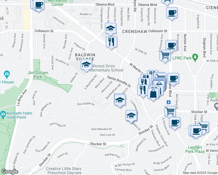 map of restaurants, bars, coffee shops, grocery stores, and more near 4048 Abourne Road in Los Angeles