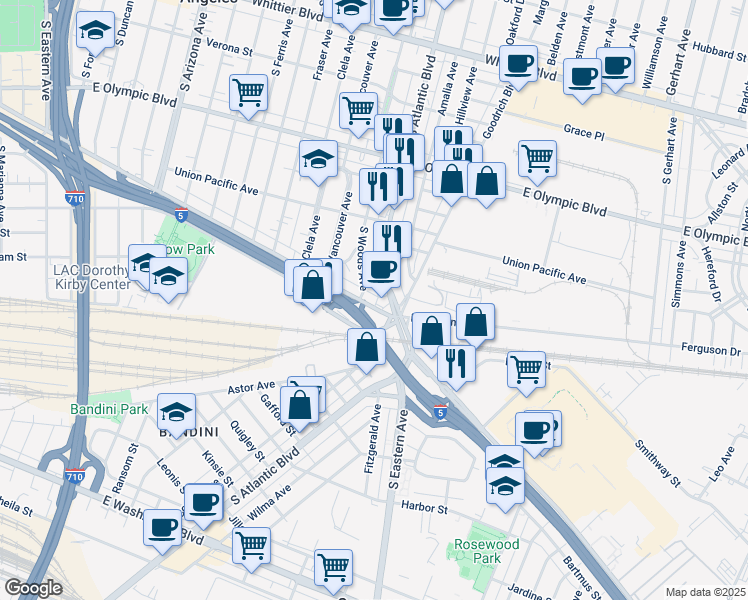 map of restaurants, bars, coffee shops, grocery stores, and more near in East Los Angeles