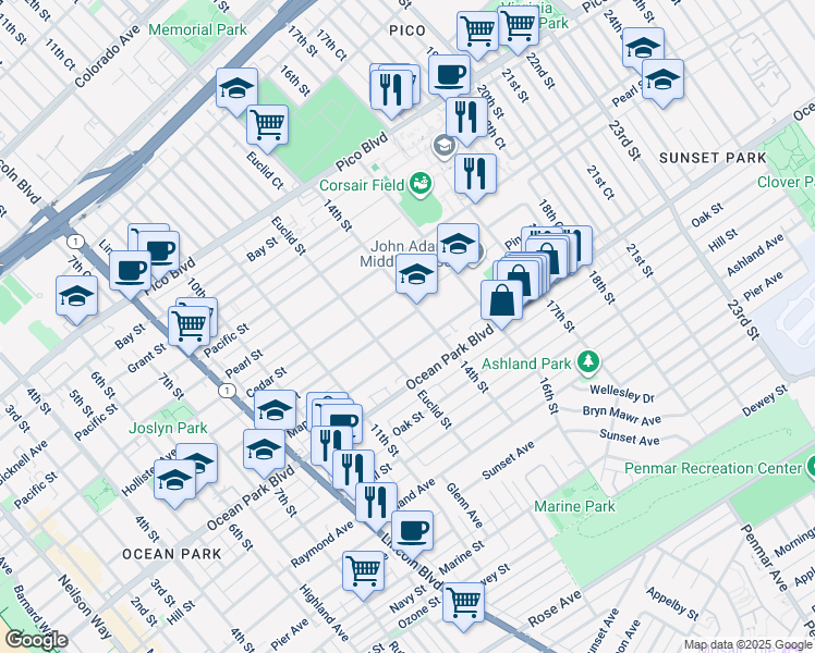map of restaurants, bars, coffee shops, grocery stores, and more near 1334 Pine Street in Santa Monica