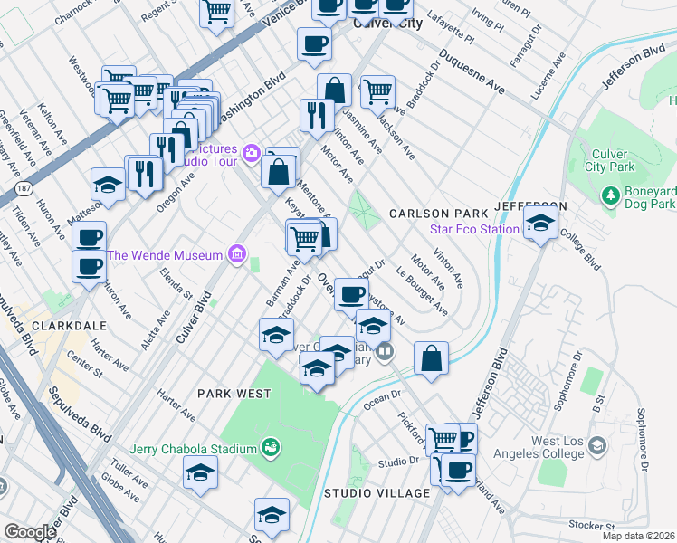 map of restaurants, bars, coffee shops, grocery stores, and more near 4235 Keystone Avenue in Culver City