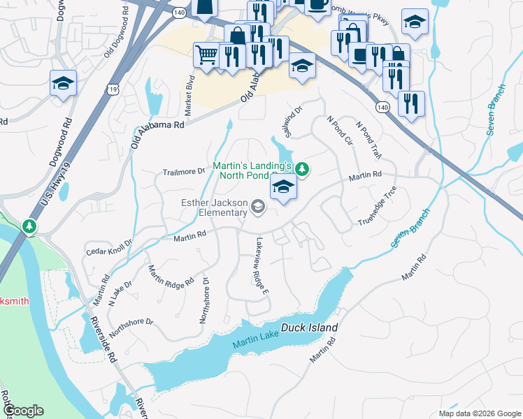 map of restaurants, bars, coffee shops, grocery stores, and more near 1400 Martin Road in Roswell