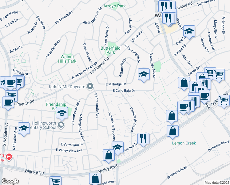 map of restaurants, bars, coffee shops, grocery stores, and more near 19652 East Calle Baja Drive in Walnut