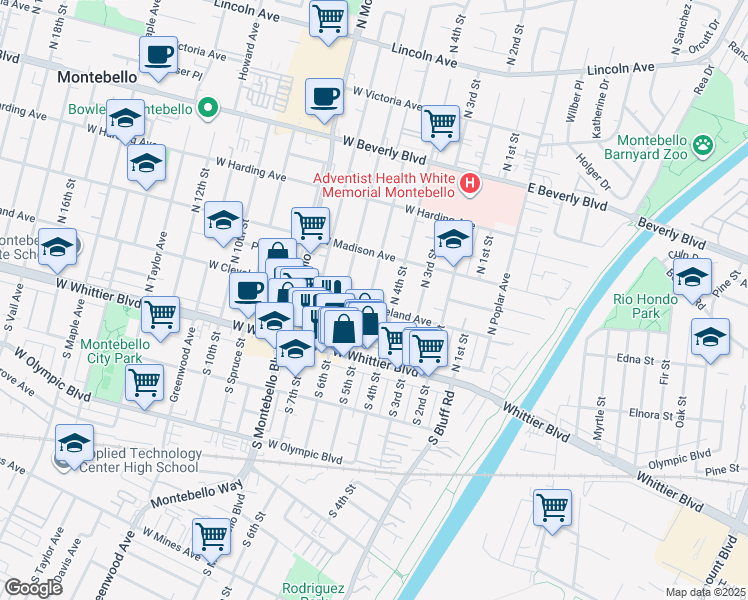 map of restaurants, bars, coffee shops, grocery stores, and more near 416 West Cleveland Avenue in Montebello