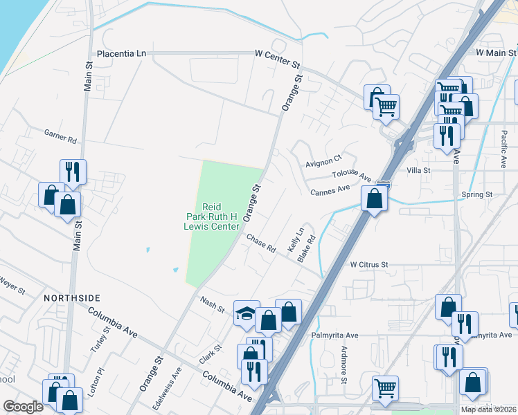 map of restaurants, bars, coffee shops, grocery stores, and more near 756 Orange Street in Riverside