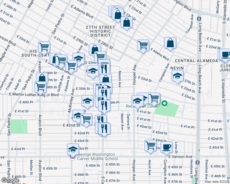 map of restaurants, bars, coffee shops, grocery stores, and more near 1140 East Martin Luther King Junior Boulevard in Los Angeles
