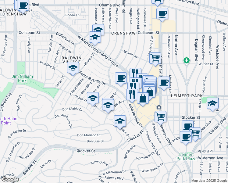 map of restaurants, bars, coffee shops, grocery stores, and more near 3850 Santa Rosalia Drive in Los Angeles