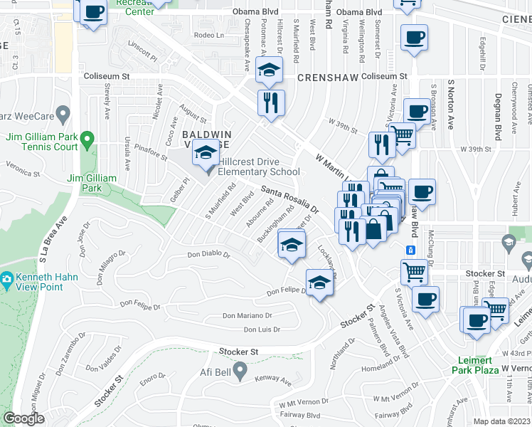 map of restaurants, bars, coffee shops, grocery stores, and more near 4159 Buckingham Road in Los Angeles