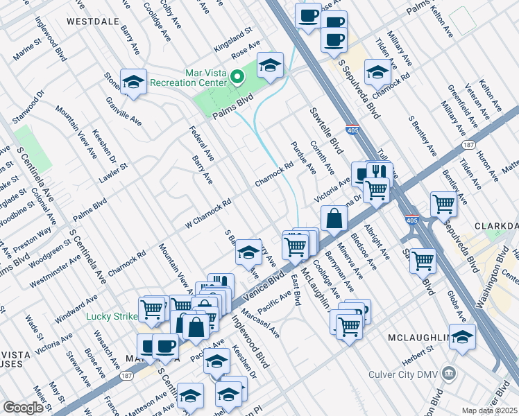 map of restaurants, bars, coffee shops, grocery stores, and more near 3652 McLaughlin Avenue in Los Angeles