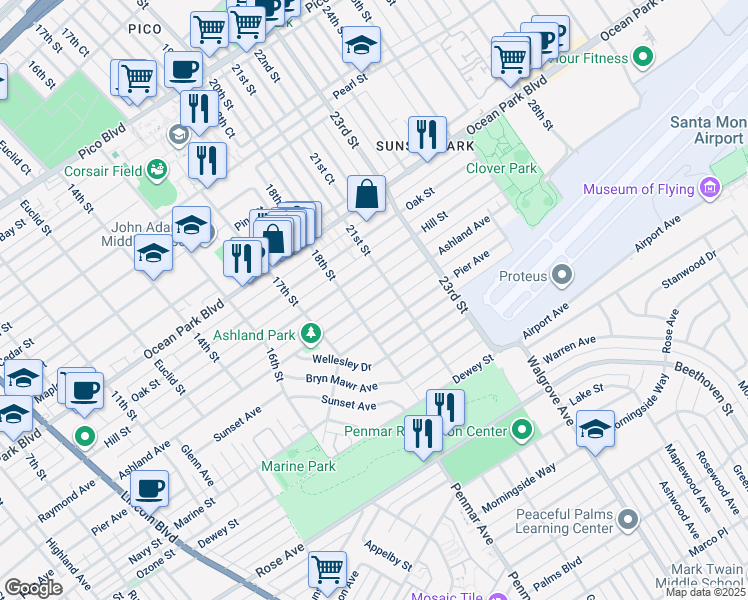 map of restaurants, bars, coffee shops, grocery stores, and more near 1814 Ashland Avenue in Santa Monica
