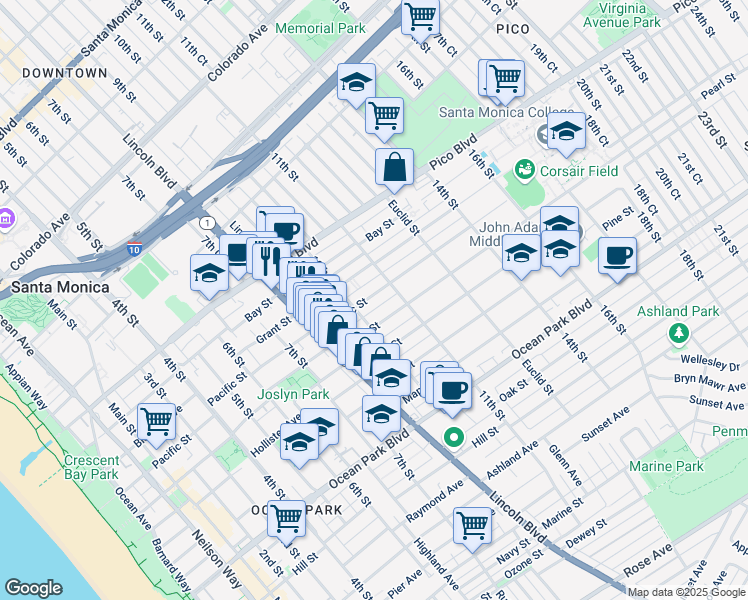 map of restaurants, bars, coffee shops, grocery stores, and more near 1027 Pearl Street in Santa Monica