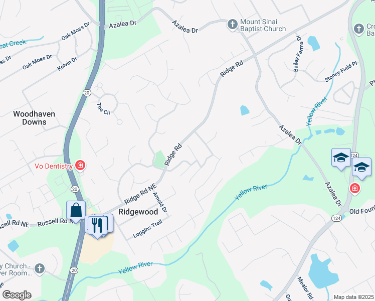 map of restaurants, bars, coffee shops, grocery stores, and more near 1558 Park Knoll Trail Northeast in Lawrenceville