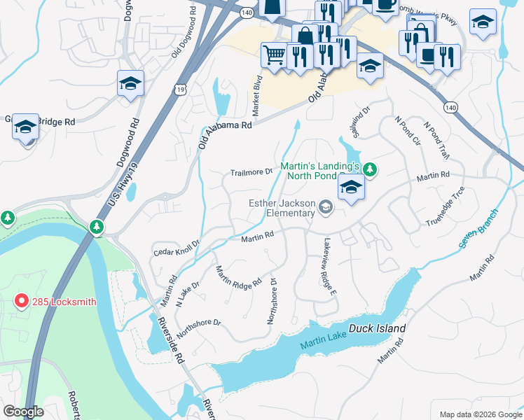 map of restaurants, bars, coffee shops, grocery stores, and more near 140 Sweetwood Way in Roswell