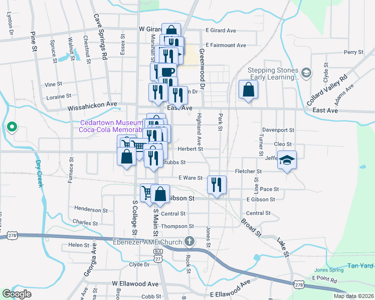 map of restaurants, bars, coffee shops, grocery stores, and more near 305 Stubbs Street in Cedartown