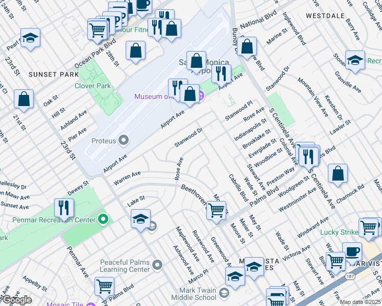 map of restaurants, bars, coffee shops, grocery stores, and more near 2 Rose Street in Los Angeles