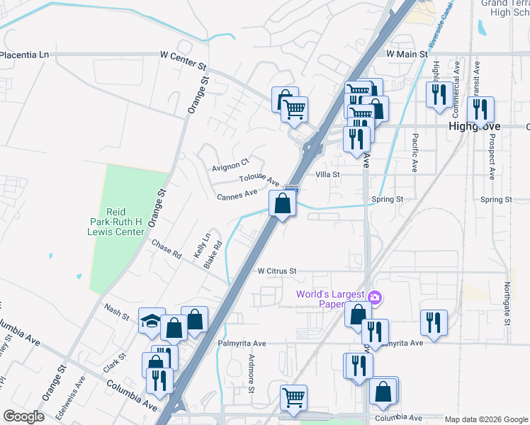 map of restaurants, bars, coffee shops, grocery stores, and more near 577 West La Cadena Drive in Riverside