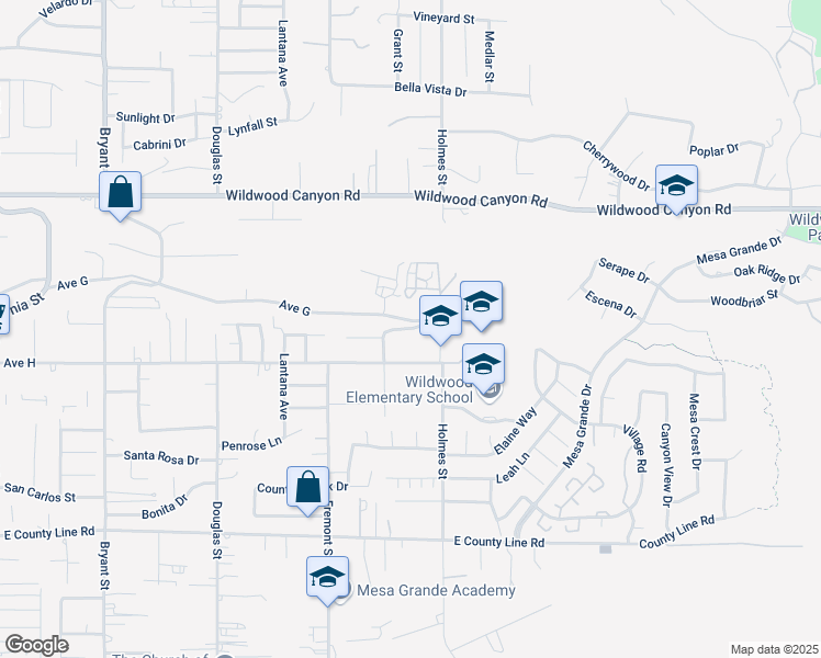 map of restaurants, bars, coffee shops, grocery stores, and more near Jefferson Street in Yucaipa