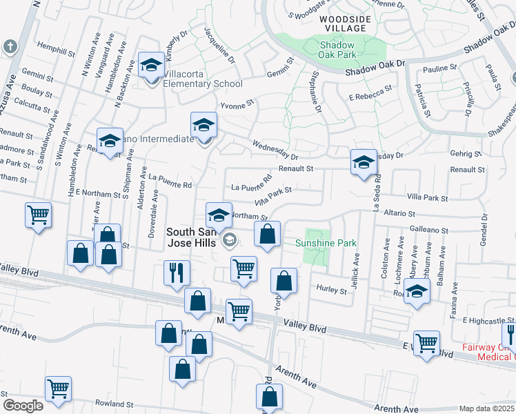 map of restaurants, bars, coffee shops, grocery stores, and more near 18175 East Northam Street in La Puente