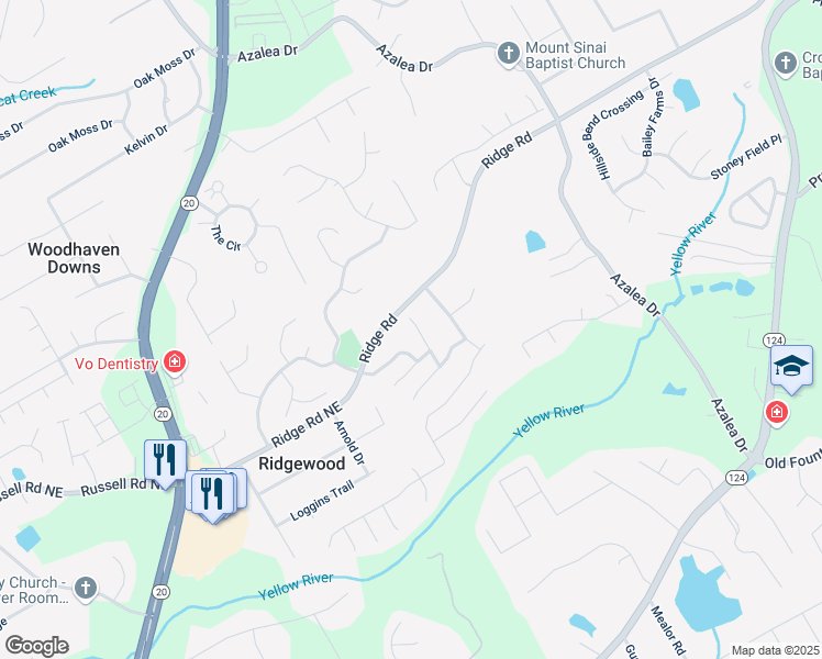 map of restaurants, bars, coffee shops, grocery stores, and more near 1558 Park Knoll Trail Northeast in Lawrenceville