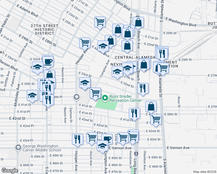 map of restaurants, bars, coffee shops, grocery stores, and more near 1537 East Martin Luther King Junior Boulevard in Los Angeles