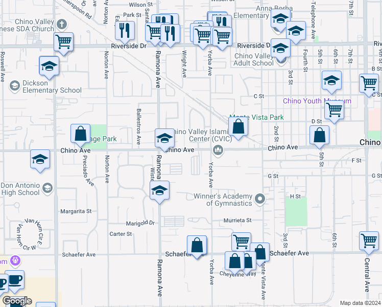 map of restaurants, bars, coffee shops, grocery stores, and more near 4621 Chino Avenue in Chino