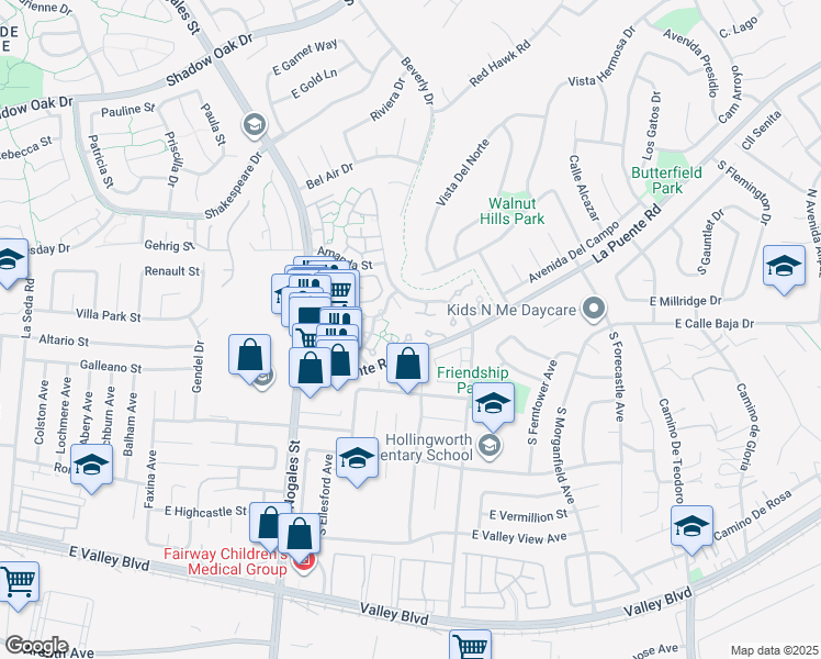 map of restaurants, bars, coffee shops, grocery stores, and more near 2844 Trish Way in West Covina