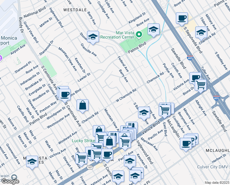 map of restaurants, bars, coffee shops, grocery stores, and more near 11915 Tabor Street in Los Angeles