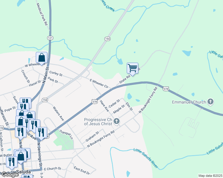 map of restaurants, bars, coffee shops, grocery stores, and more near 605 Travis Avenue in Saluda
