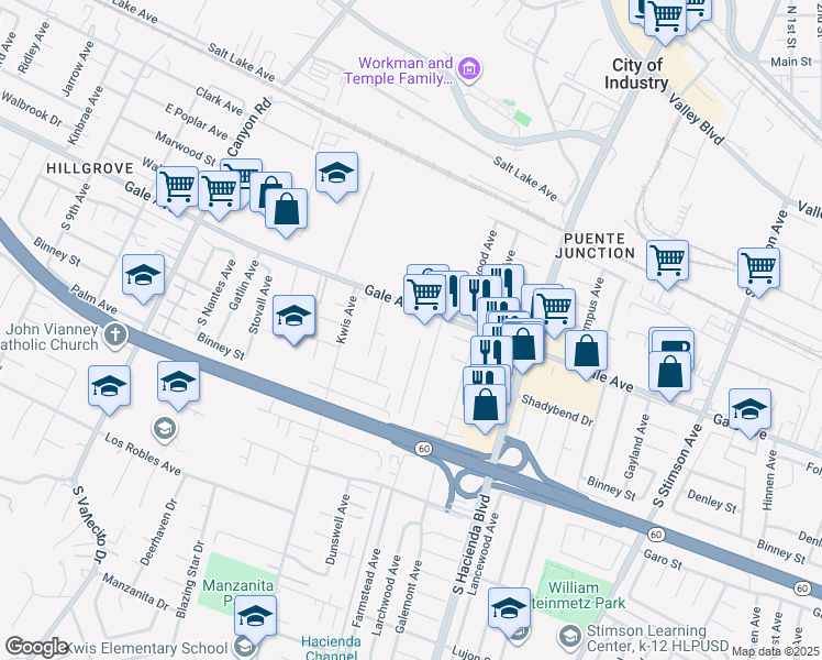 map of restaurants, bars, coffee shops, grocery stores, and more near 15570 Gale Avenue in La Puente