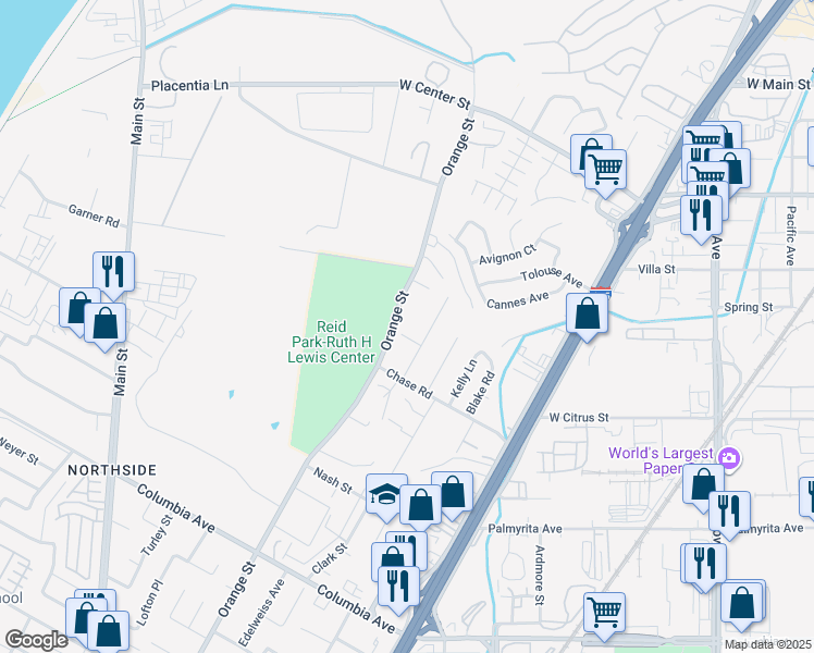 map of restaurants, bars, coffee shops, grocery stores, and more near 716 Orange Street in Riverside