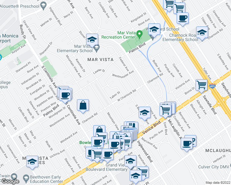 map of restaurants, bars, coffee shops, grocery stores, and more near 11915 Tabor Street in Los Angeles