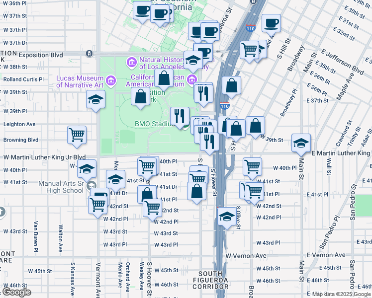 map of restaurants, bars, coffee shops, grocery stores, and more near 605 West Martin Luther King Junior Boulevard in Los Angeles