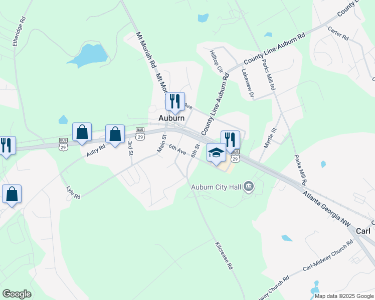 map of restaurants, bars, coffee shops, grocery stores, and more near 1369 6th Avenue in Auburn