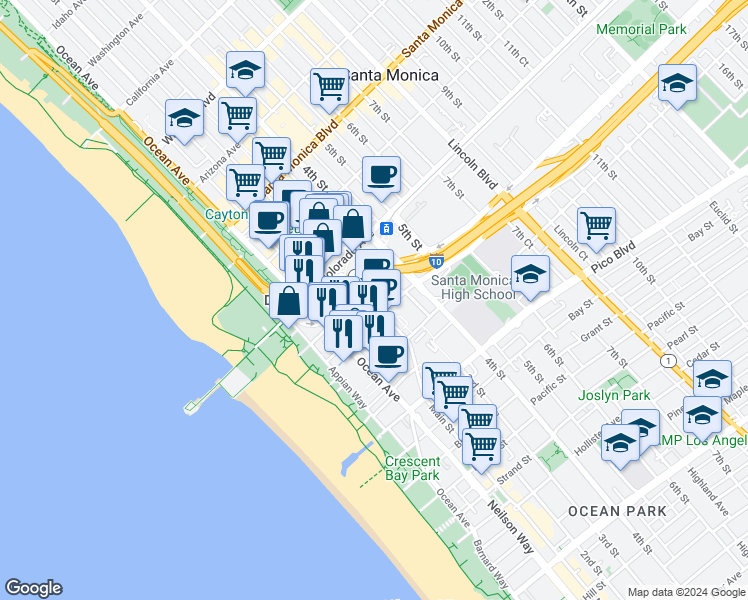 map of restaurants, bars, coffee shops, grocery stores, and more near 1685 Main Street in Santa Monica