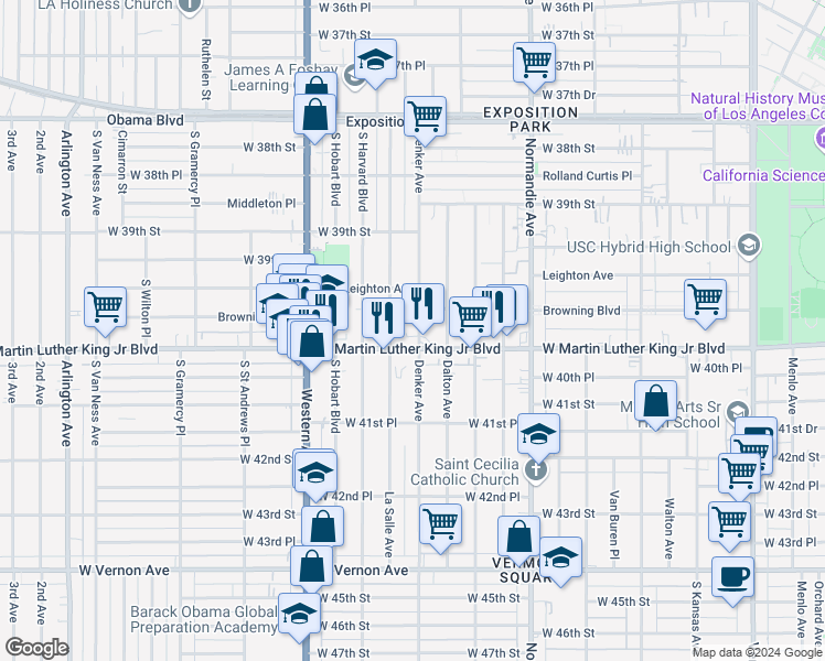 map of restaurants, bars, coffee shops, grocery stores, and more near 3987 Denker Avenue in Los Angeles