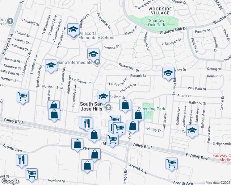 map of restaurants, bars, coffee shops, grocery stores, and more near 18138 Villa Park Street in La Puente