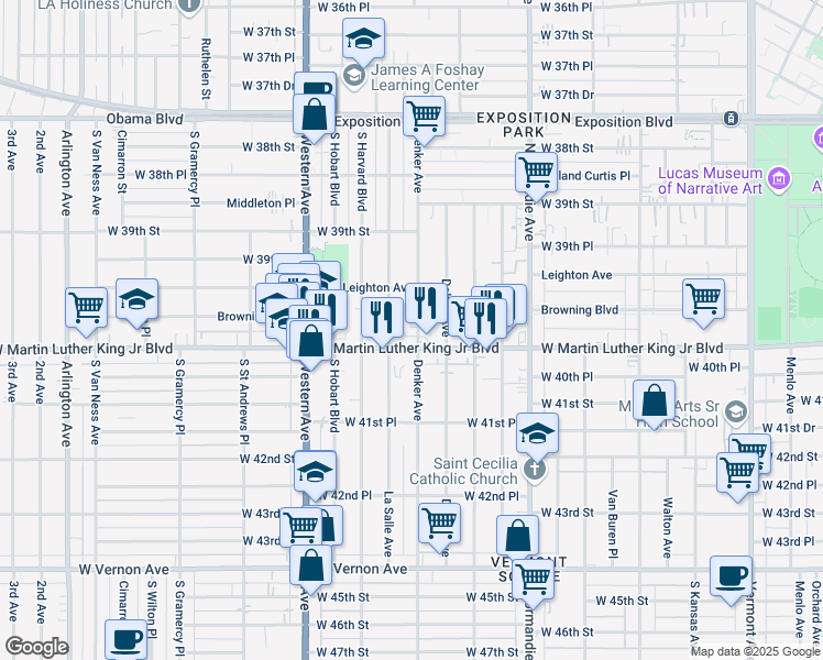map of restaurants, bars, coffee shops, grocery stores, and more near 3987 Denker Avenue in Los Angeles