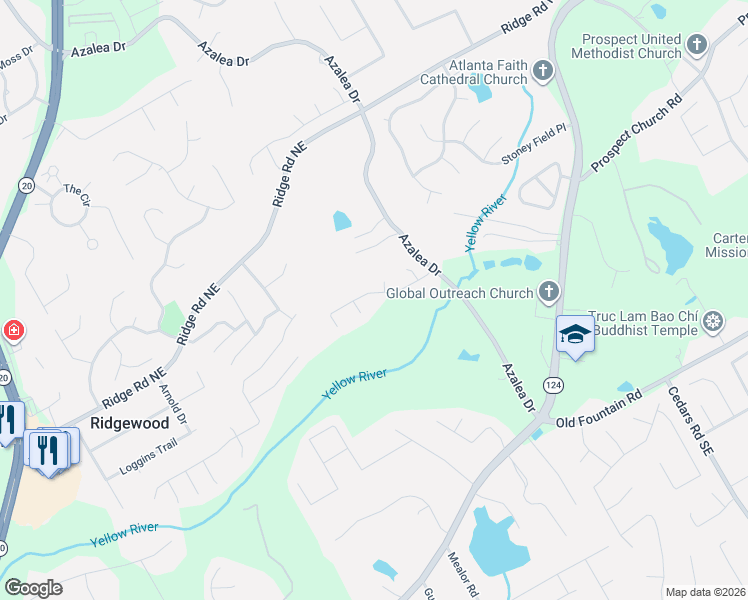 map of restaurants, bars, coffee shops, grocery stores, and more near 1414 Azalea Drive in Lawrenceville