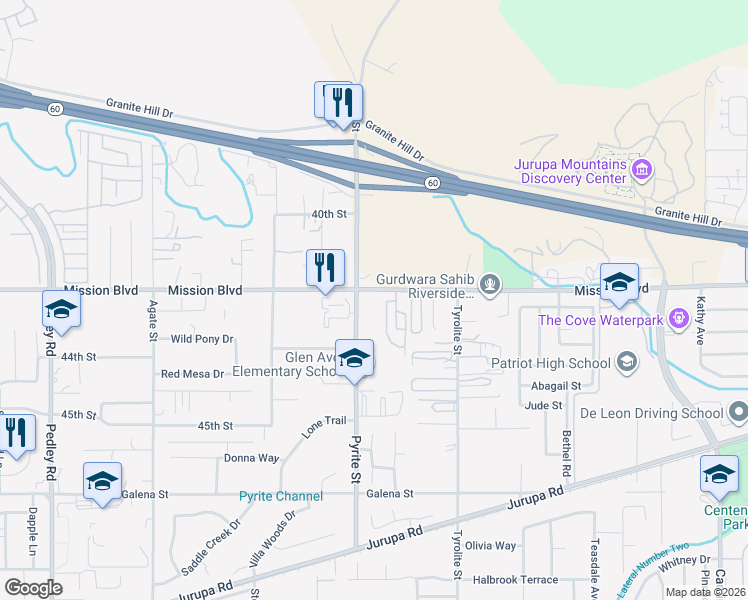 map of restaurants, bars, coffee shops, grocery stores, and more near 8178 Mission Boulevard in Riverside