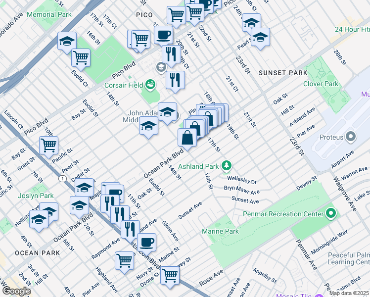 map of restaurants, bars, coffee shops, grocery stores, and more near Ocean Park Boulevard in Santa Monica